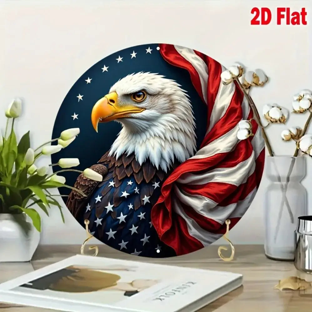 Vintage Eagle Wall Art - Aluminum 2D Sign on tabletop stand, styled with modern decor elements for living room or office display.