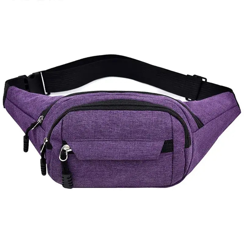 Purple fanny bag waist pack with black zippers and adjustable strap, designed for stylish hands-free use.
