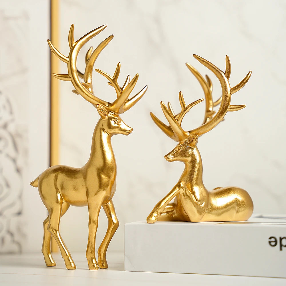 Gold Elk Ornaments Set - Resin Elk Christmas Ornaments featuring standing and reclining elk for elegant holiday home decoration.