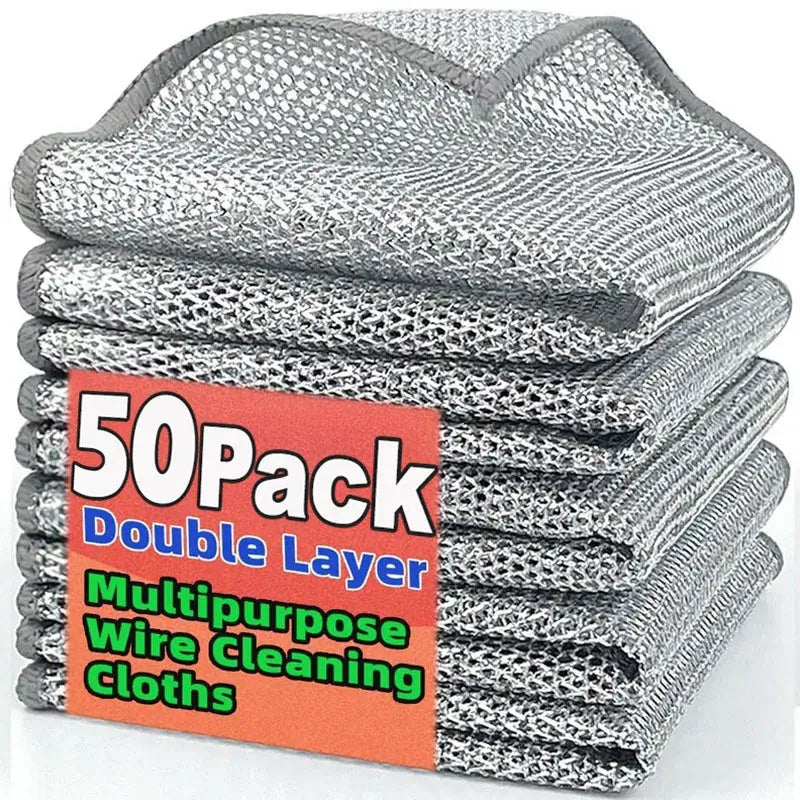 50-pack Magic Dishcloth Silver Wire for Easy Cleaning, double-layer multipurpose cloths for scrubbing grease and grime in kitchens.