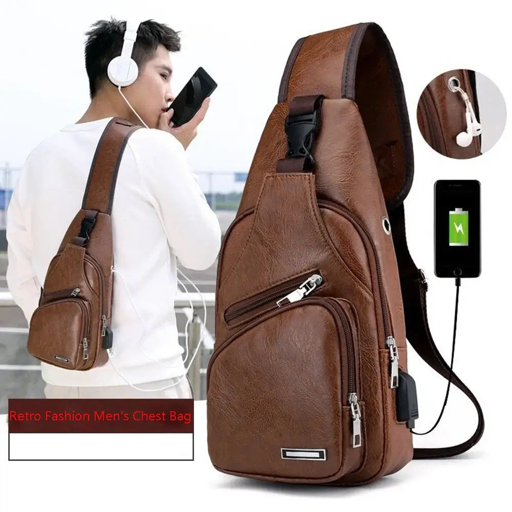 Travel Crossbody Bag - Multifunctional | Spacious and Versatile brown leather bag worn by man, ideal for travel with USB and headphone ports.