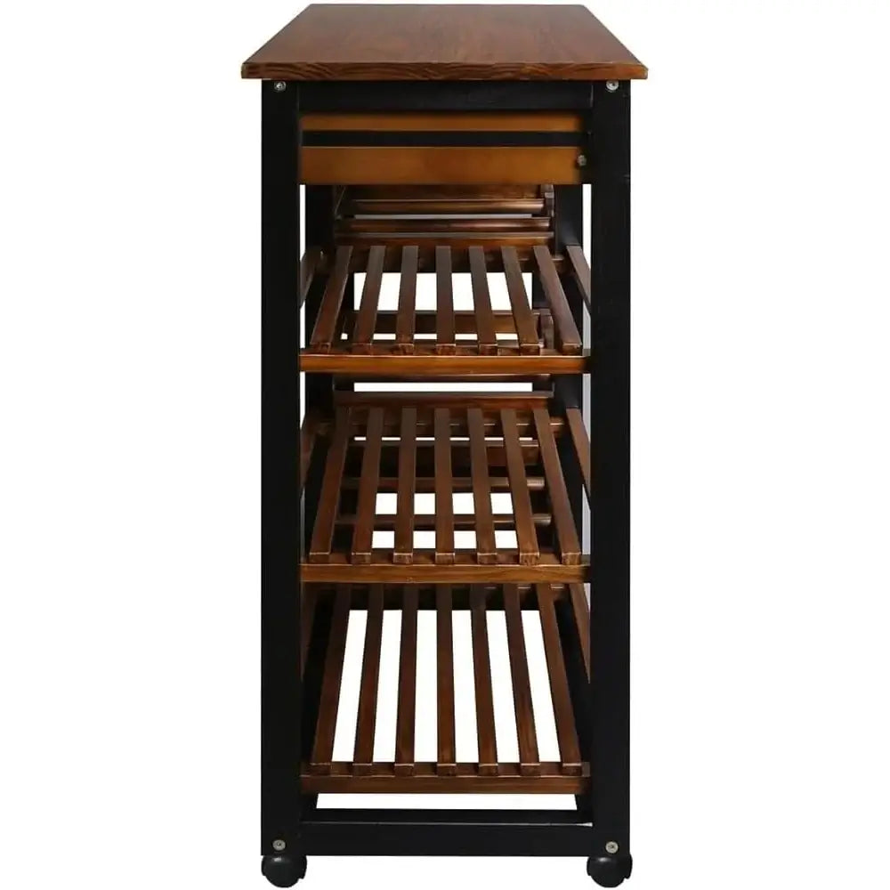 Side view of Solid Wood 4-Tier Kitchen Island Cart showing slatted wooden shelves and sturdy black metal frame with rolling casters.