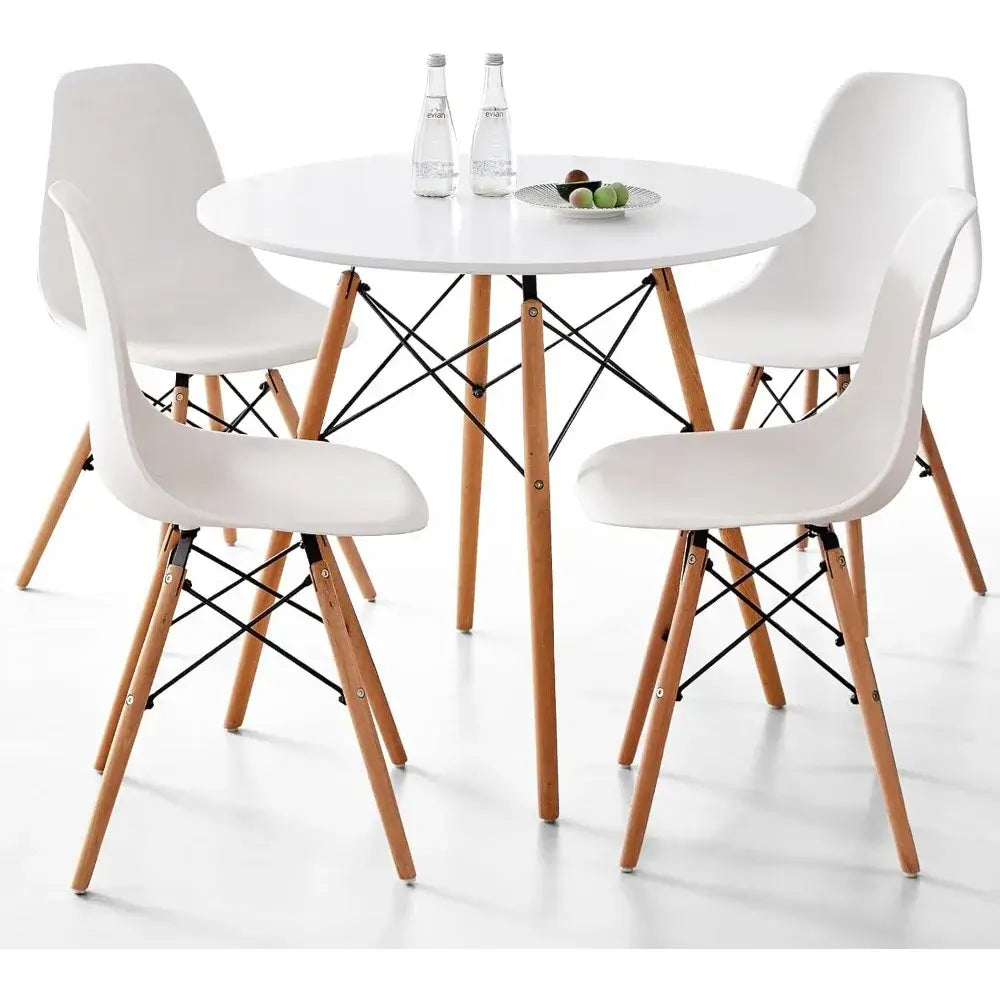 Compact 5-piece round dining table set featuring white MDF tabletop and white plastic chairs with wooden legs, perfect for small spaces.