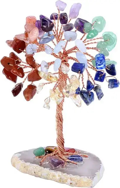 Multicolor gemstone crystal money tree with copper wire and agate base. Promotes balance, wealth, and decorative charm.