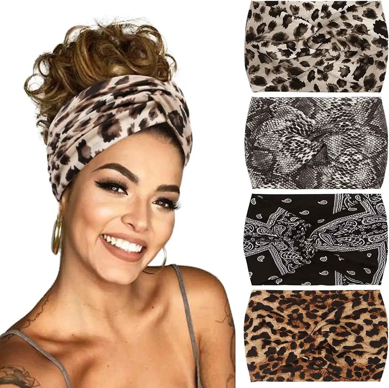 18CM stretch printed headband in leopard, paisley, and floral prints, ideal for sports and casual wear. Made of soft polyester-spandex blend.