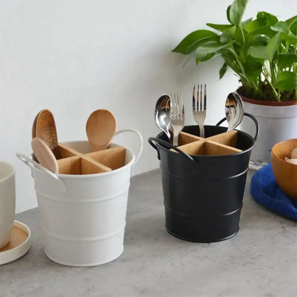 Set of black and white Bamboo Cutlery Organizers with metal holders and bamboo dividers, ideal for tidy and accessible utensil storage.