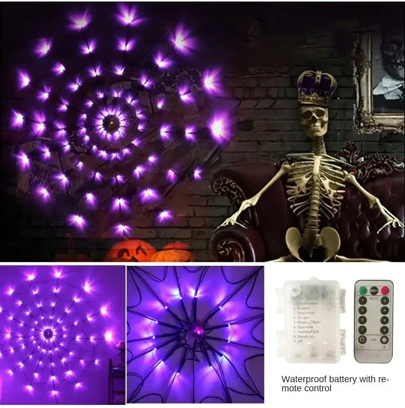 Halloween Ghost LED Light String with remote control and waterproof battery box, glowing purple for customizable lighting.