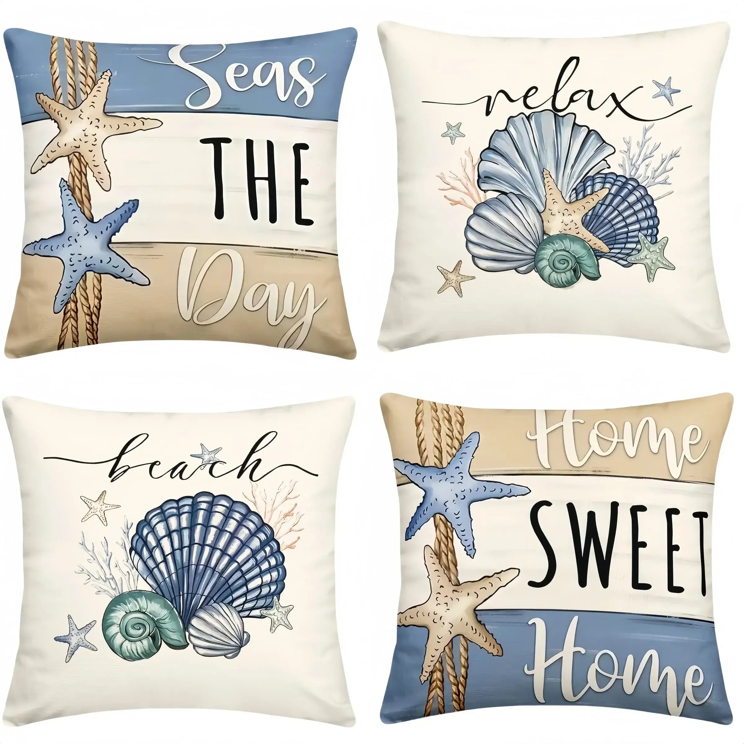 Set of four Ocean Home Decor Pillowcases with beach-themed prints like 'Seas the Day' and 'Home Sweet Home'. Perfect for nautical interior styling.