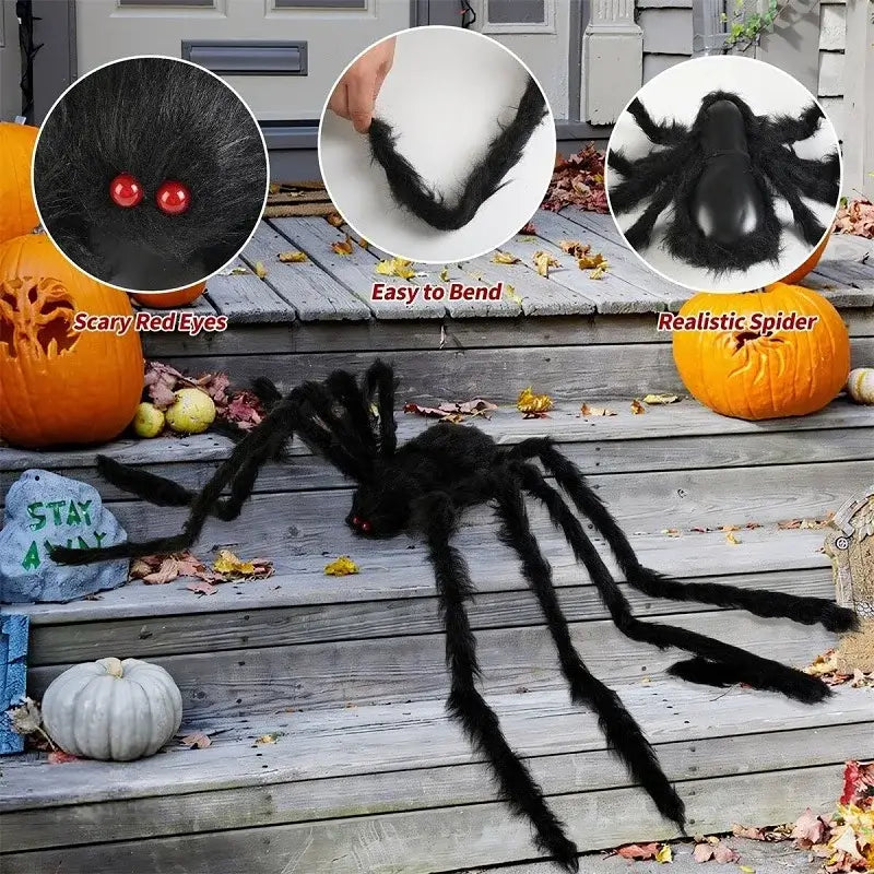 Realistic Giant Black Spider Decoration with red eyes and bendable legs placed on a Halloween-themed porch. Features plush texture and flexible limbs.
