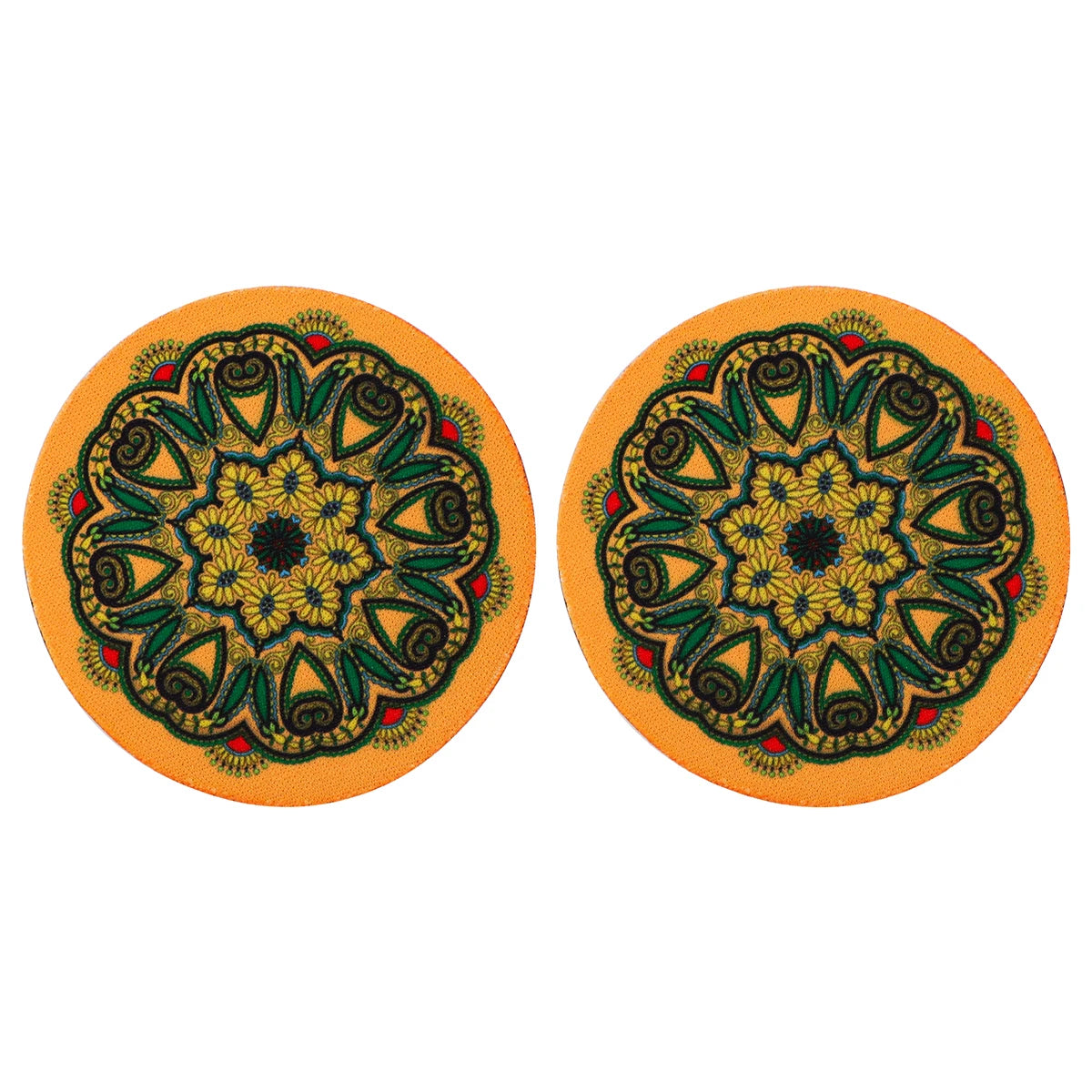 Set of two yellow and green Vintage Mandala Car Cup Mats with floral center, combining durability with decorative vehicle style.