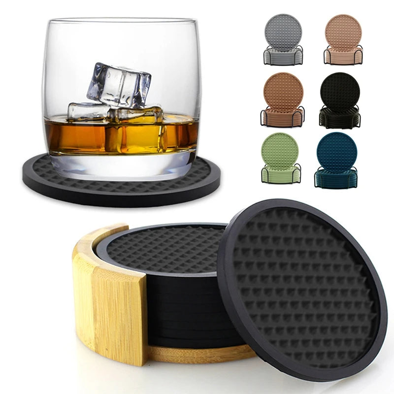 6Pcs Silicone Coasters Set in black with textured surface, shown with whiskey glass and bamboo holder. Durable and heat-resistant for barware use.
