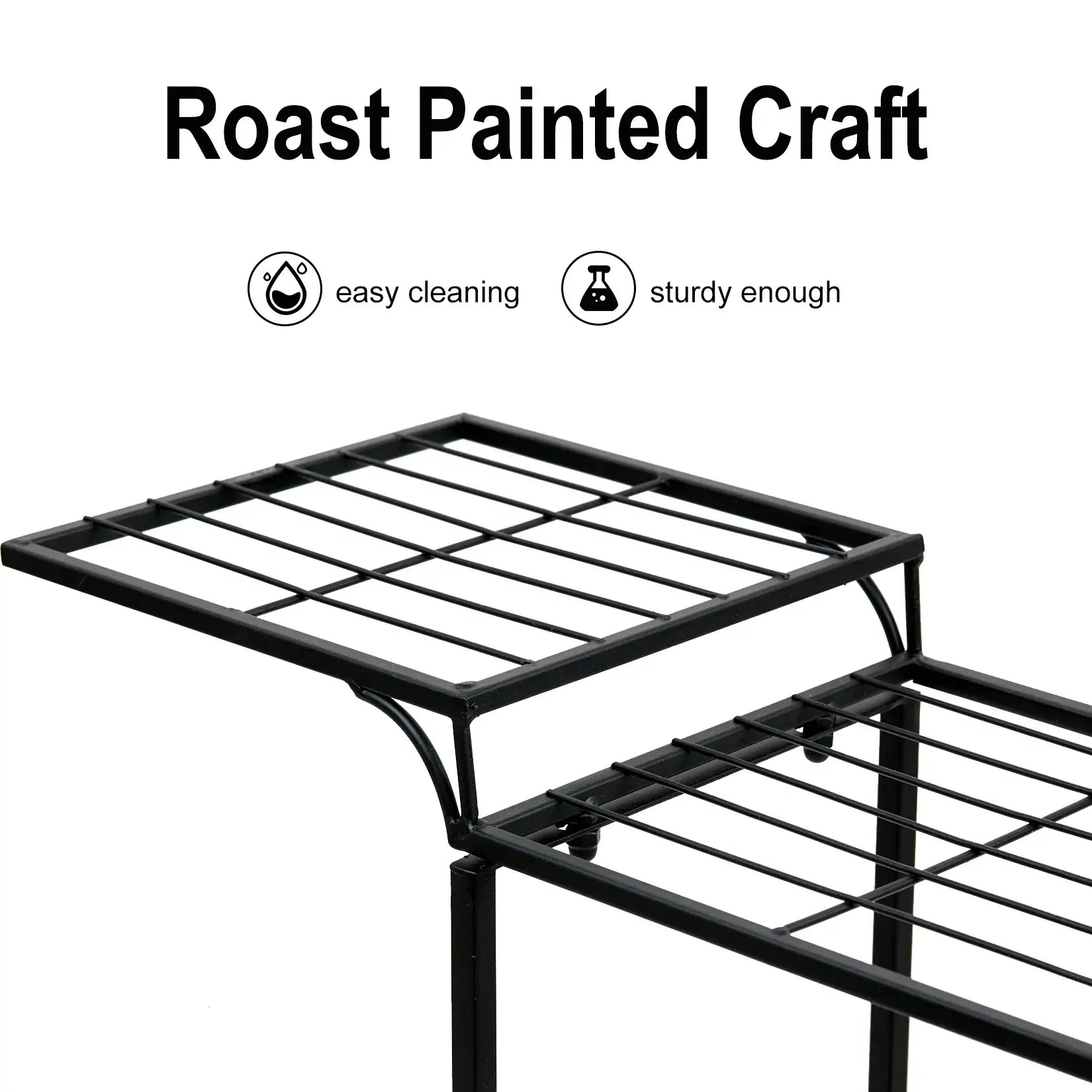Close-up of a sturdy metal shelf with easy cleaning features, labeled as 'Roast Painted Craft' for versatile use.