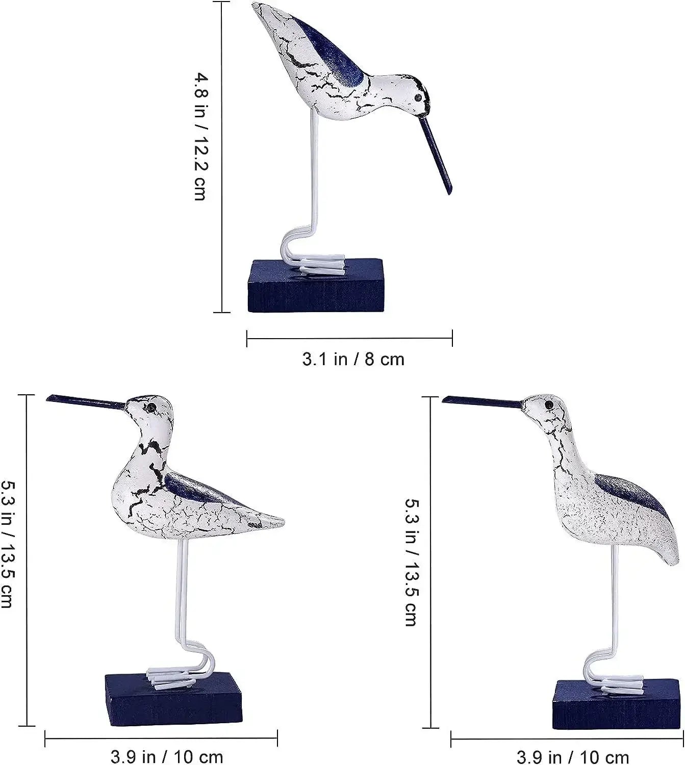 Dimensions of 3pcs wooden seagull figurines shown with measurements, highlighting their compact size for nautical-themed home decor.