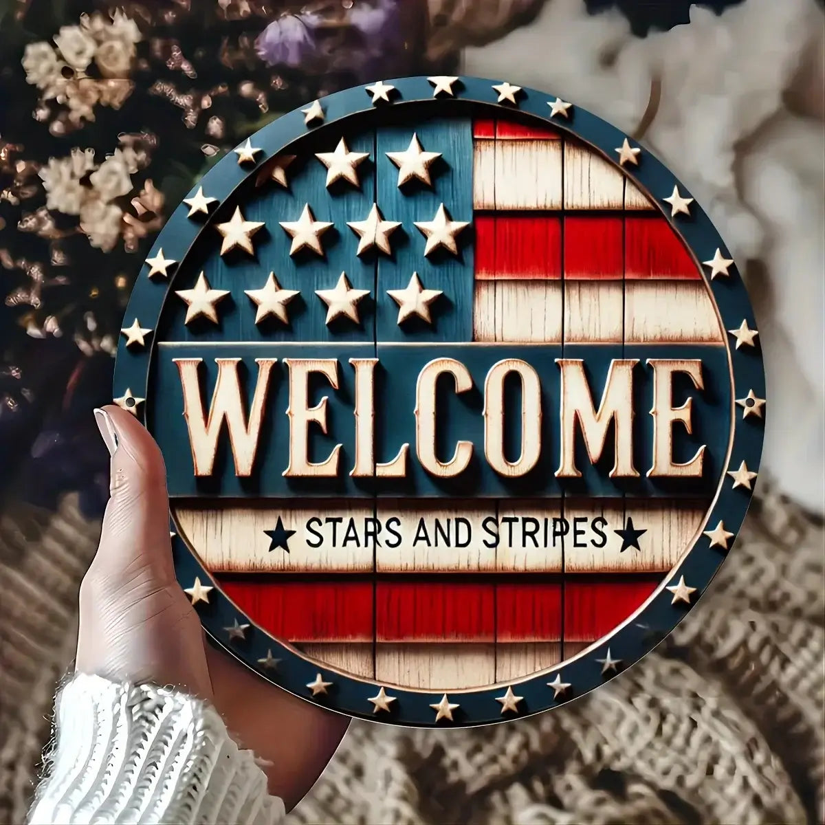 Patriotic Round Metal Welcome Wreath Sign