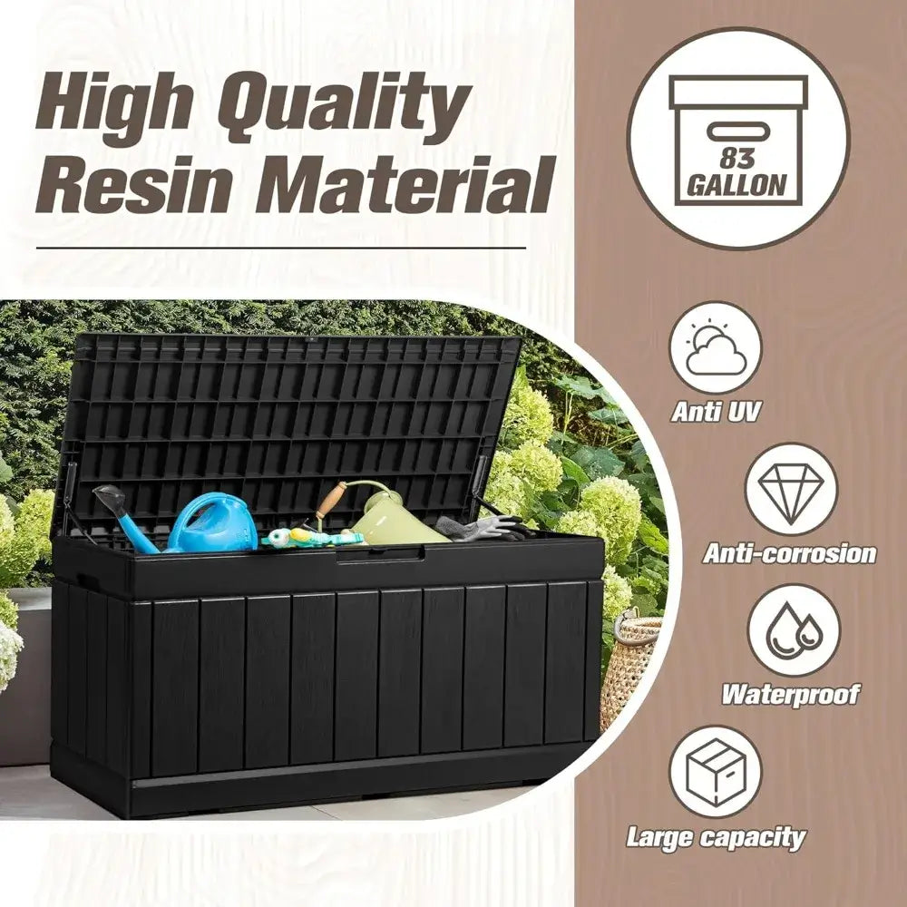 83 Gallon Outdoor Deck Box made of high-quality resin. Highlights include anti-UV, anti-corrosion, waterproof, and large capacity.