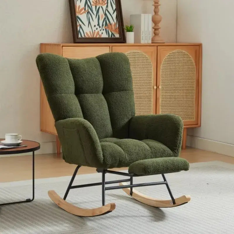 Dark green teddy velvet nursery rocking chair with high backrest and solid wood glider legs for stylish comfort.