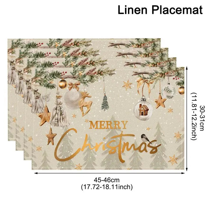 Rustic holiday Linen Christmas Placemats with gold ornaments and 'Merry Christmas' text. Ideal for festive gatherings and elegant tables.