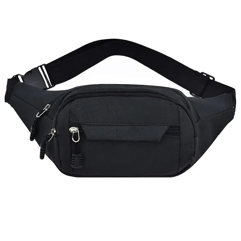 Black fanny bag waist pack with sleek design and multiple compartments for secure, hands-free storage.