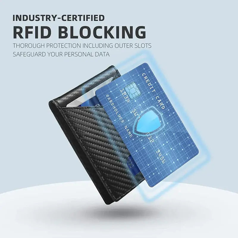 RFID blocking leather wallet with secure card protection, demonstrating industry-certified shielding for personal data safety.