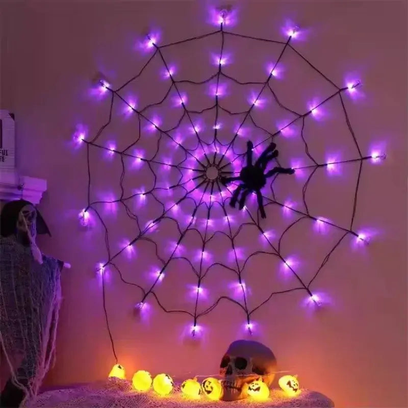 Halloween Ghost LED Light String with 70 purple LEDs shaped in a spider web on a wall, ideal for indoor Halloween decor.
