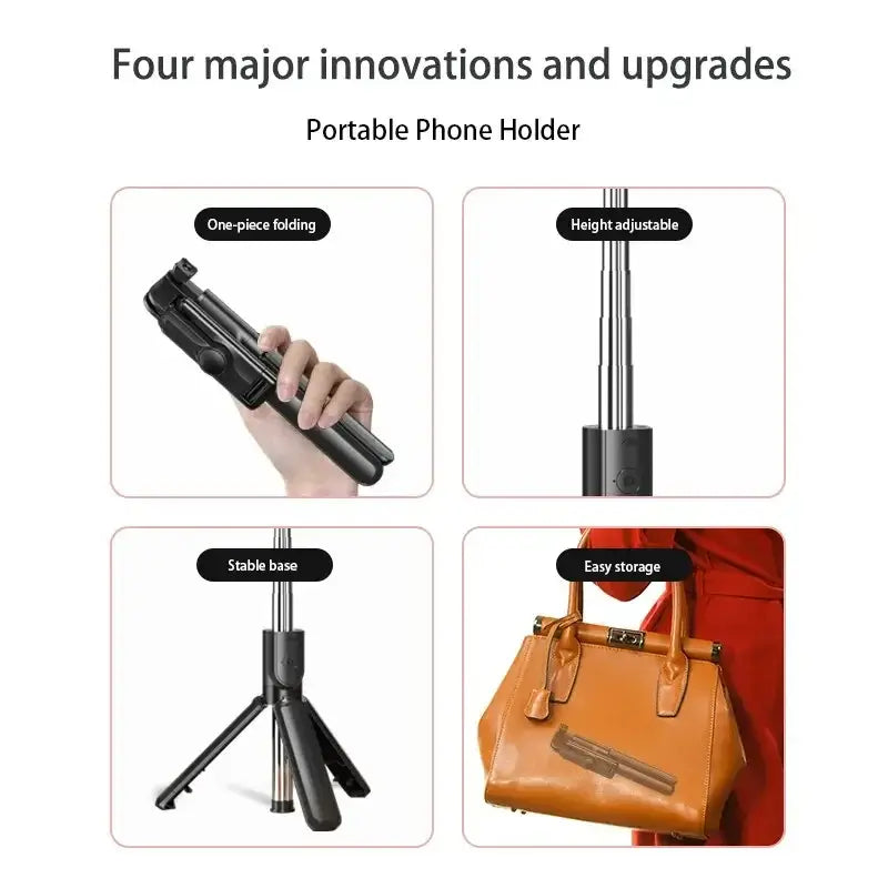 Bluetooth Selfie Stick Tripod features one-piece folding, height adjustment, stable base, and compact design for easy storage in bags.