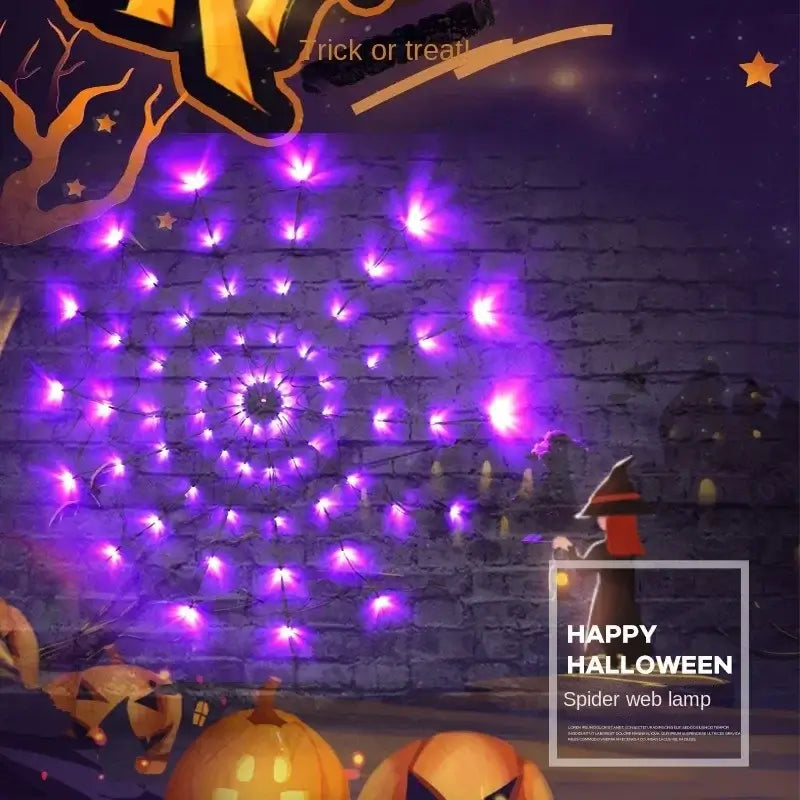 Halloween Ghost LED Light String glowing purple on a brick wall with pumpkins and witch illustration, perfect for party decor.
