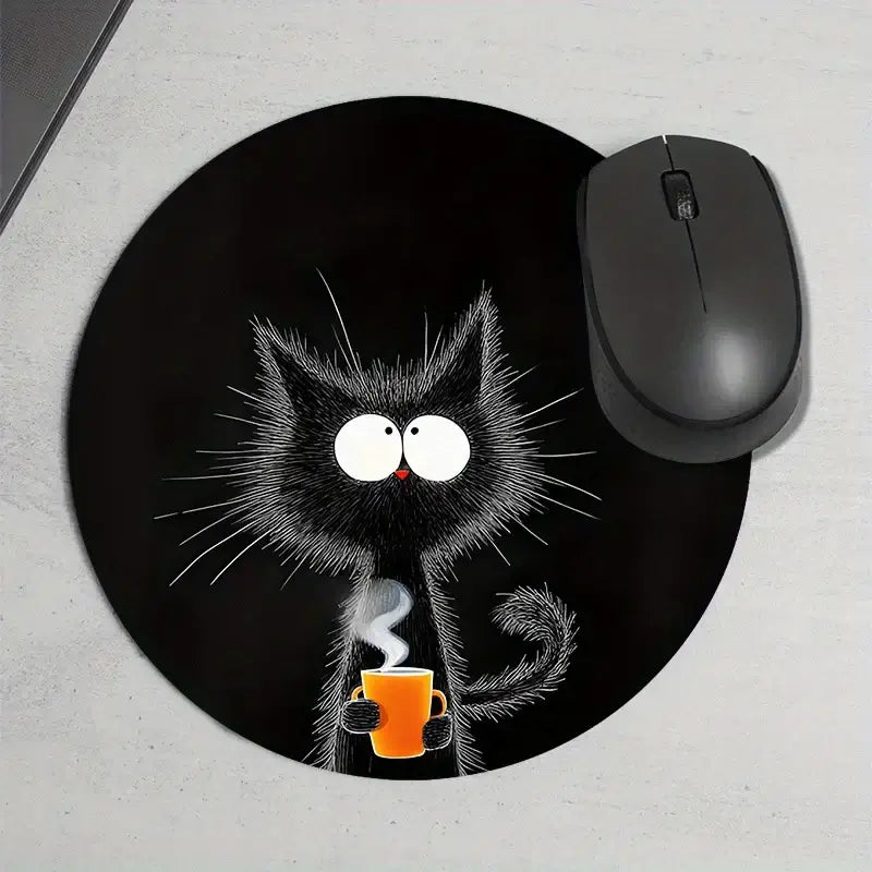 Black Cat Mouse Pad - Non-Slip Rubber Base with a playful cat and coffee cup graphic, perfect for enhancing comfort and tracking accuracy.