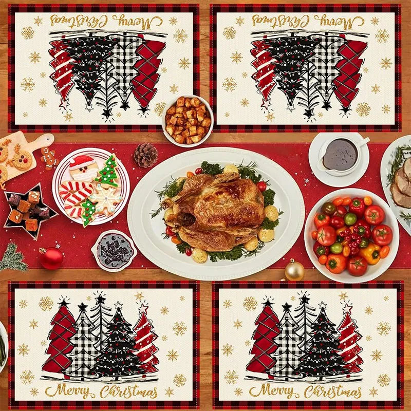 Buffalo plaid Linen Christmas Placemats with tree design on a red holiday table setting. Adds elegant holiday style to festive meals.