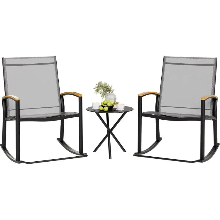 3 Piece Outdoor Rocking Bistro Set - Comfort & Style featuring two gray mesh rocking chairs with wooden armrests and a round black side table.