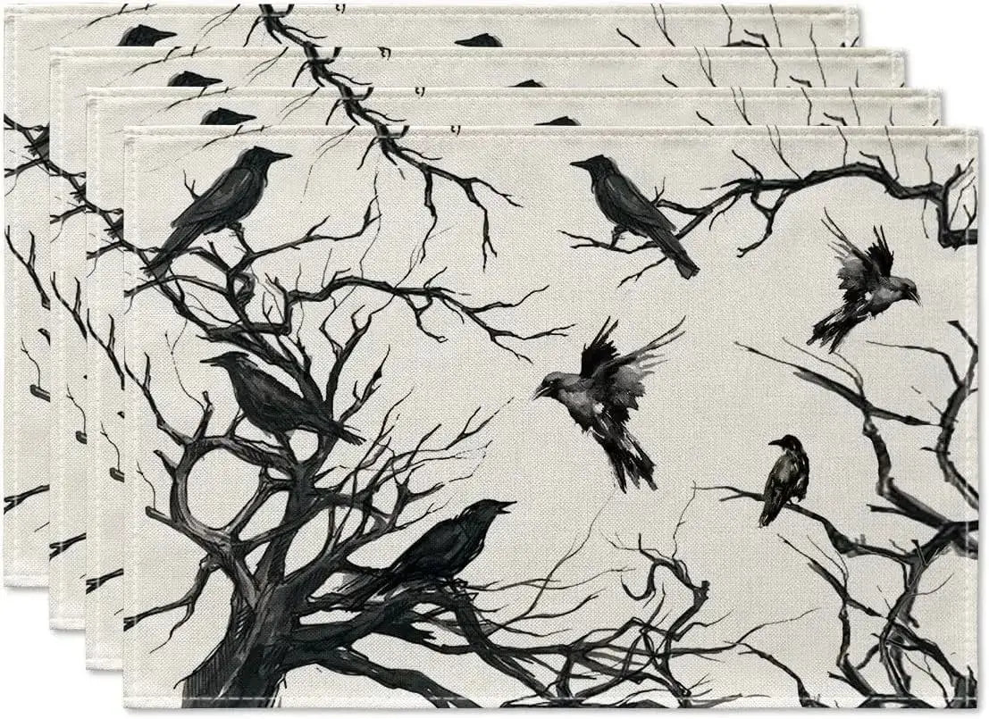 4PCS Halloween Table Placemats - Linen with black crows on eerie tree branches. Gothic and spooky Halloween table theme.