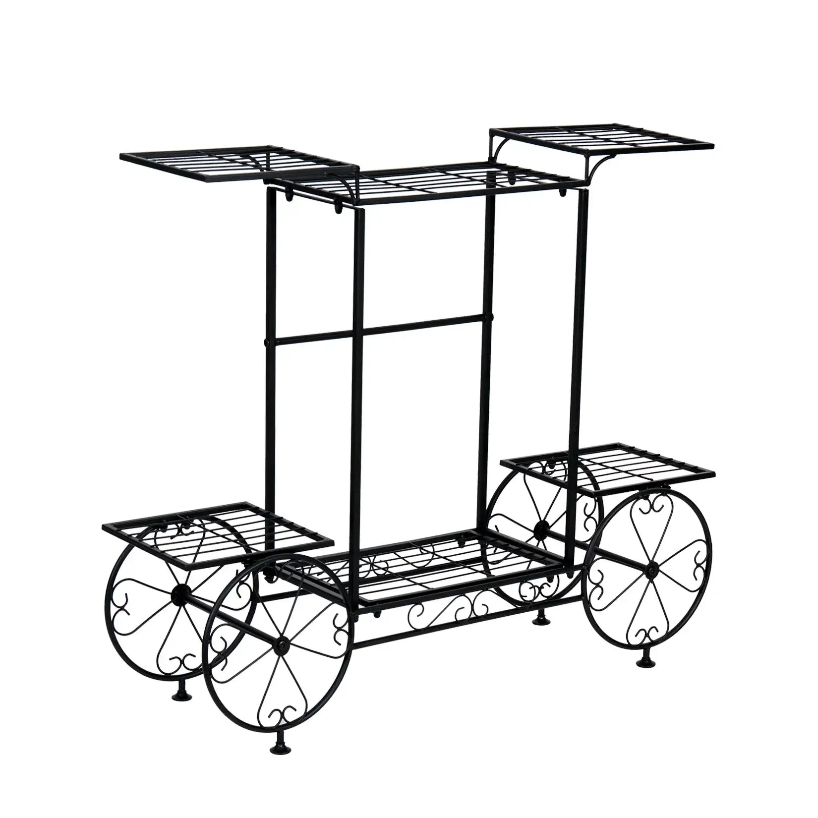 6-tier metal garden cart with elegant design, perfect for organizing tools and plants in small spaces.