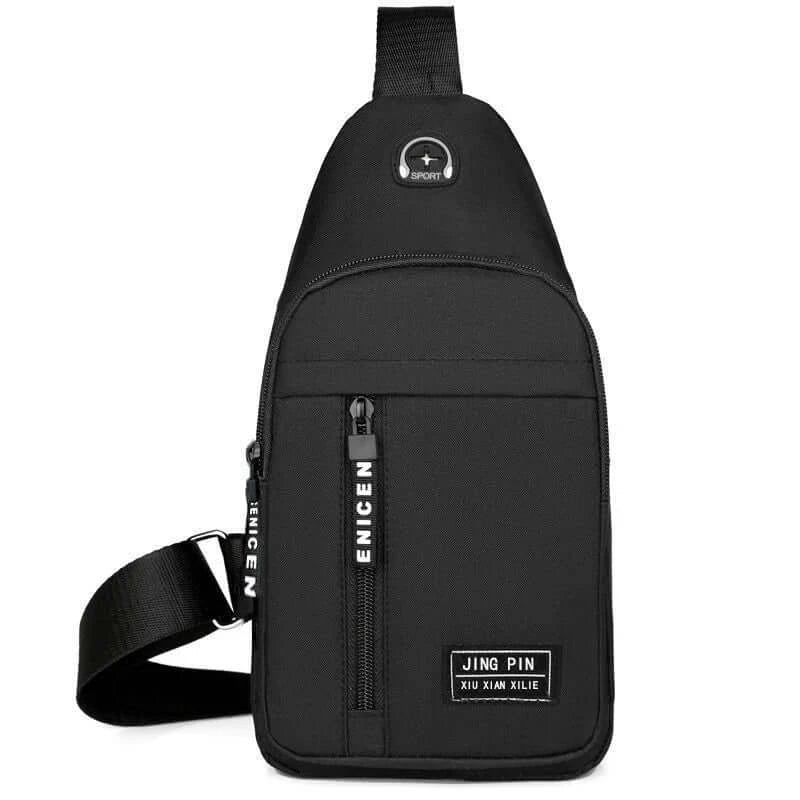 Minimalist black crossbody shoulder bag with front zipper and headphone port, ideal for secure and stylish everyday carry.