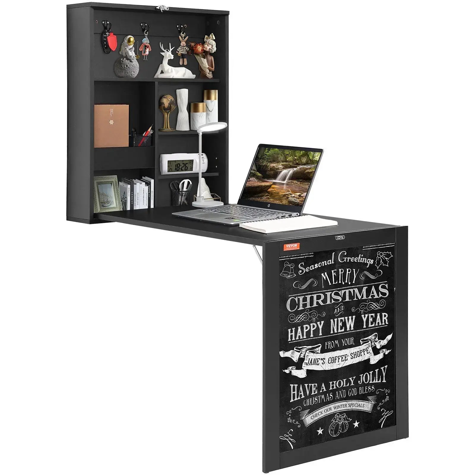 Multi-Function Folding Wall Table with Chalkboard open as a workspace with shelves, laptop, and holiday decor. Ideal space-saving activity table.