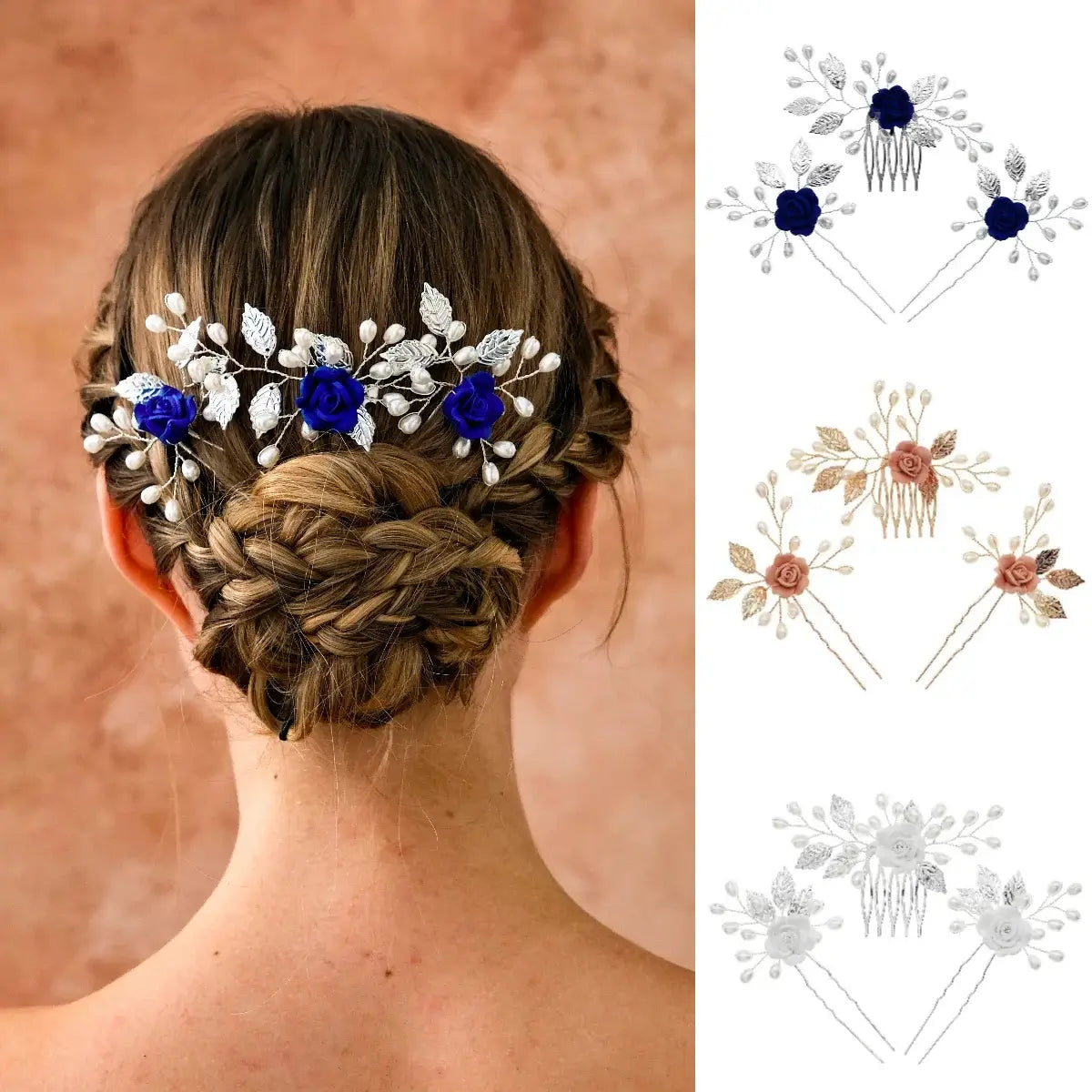 3PK Flower Hair Pin Set - Handmade Comb Set in blue, rose gold, and white floral designs styled on braided hair. Ideal for weddings or formal events.
