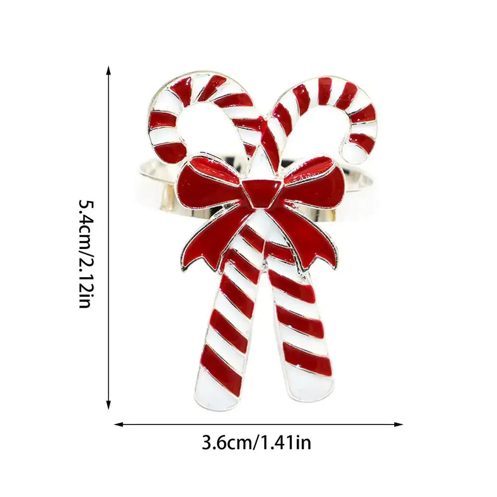 Silver-tone Candy Cane Napkin Ring with red bow and striped design, 5.4cm tall, ideal for Christmas-themed table settings.