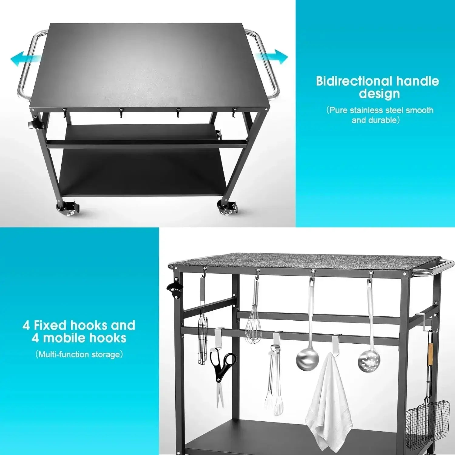 Outdoor grill table with bidirectional stainless steel handles, fixed and mobile hooks for multi-function storage, perfect for patio use.