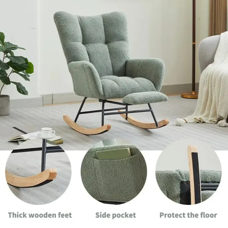 Green glider rocking chair with thick wooden feet, side pocket for storage, and floor-protecting felt pads for nursery or living room.
