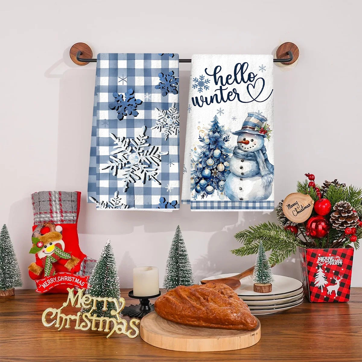 2pcs Christmas Kitchen Dishtowels featuring snowman designs with blue plaid and festive text, ideal for holiday kitchen décor.