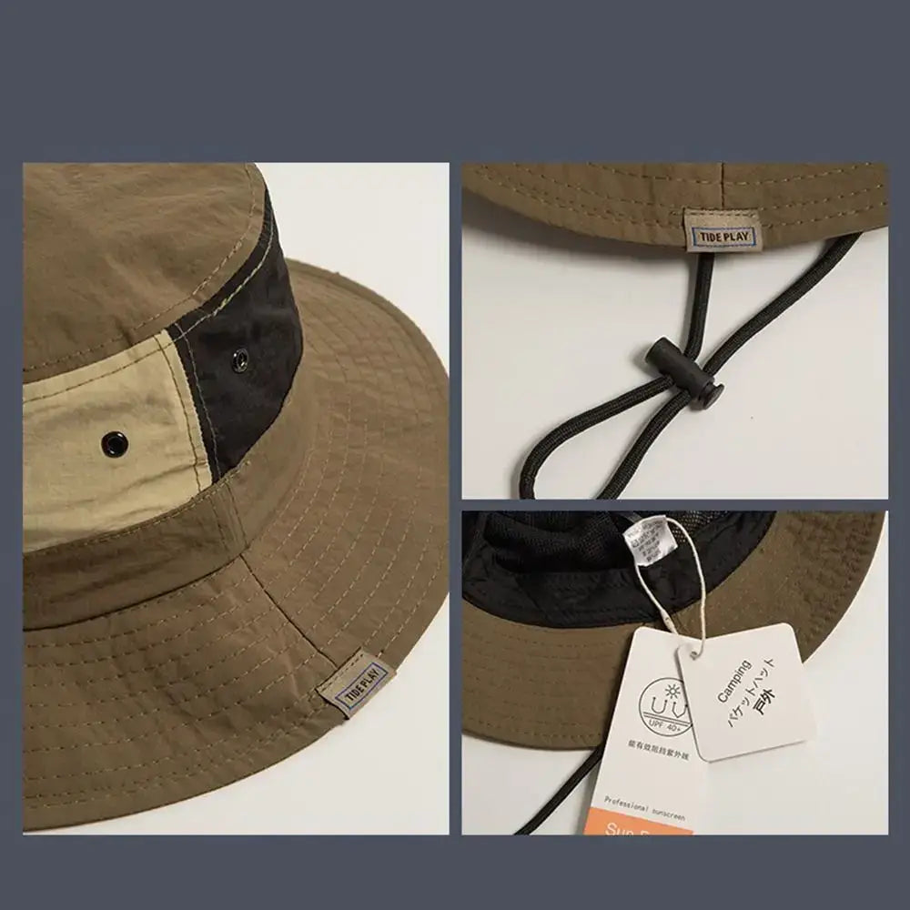 Close-up of Sun Protection Bucket Hat - Quick-dry in khaki with adjustable drawstring and product tags. Durable and foldable for travel use.
