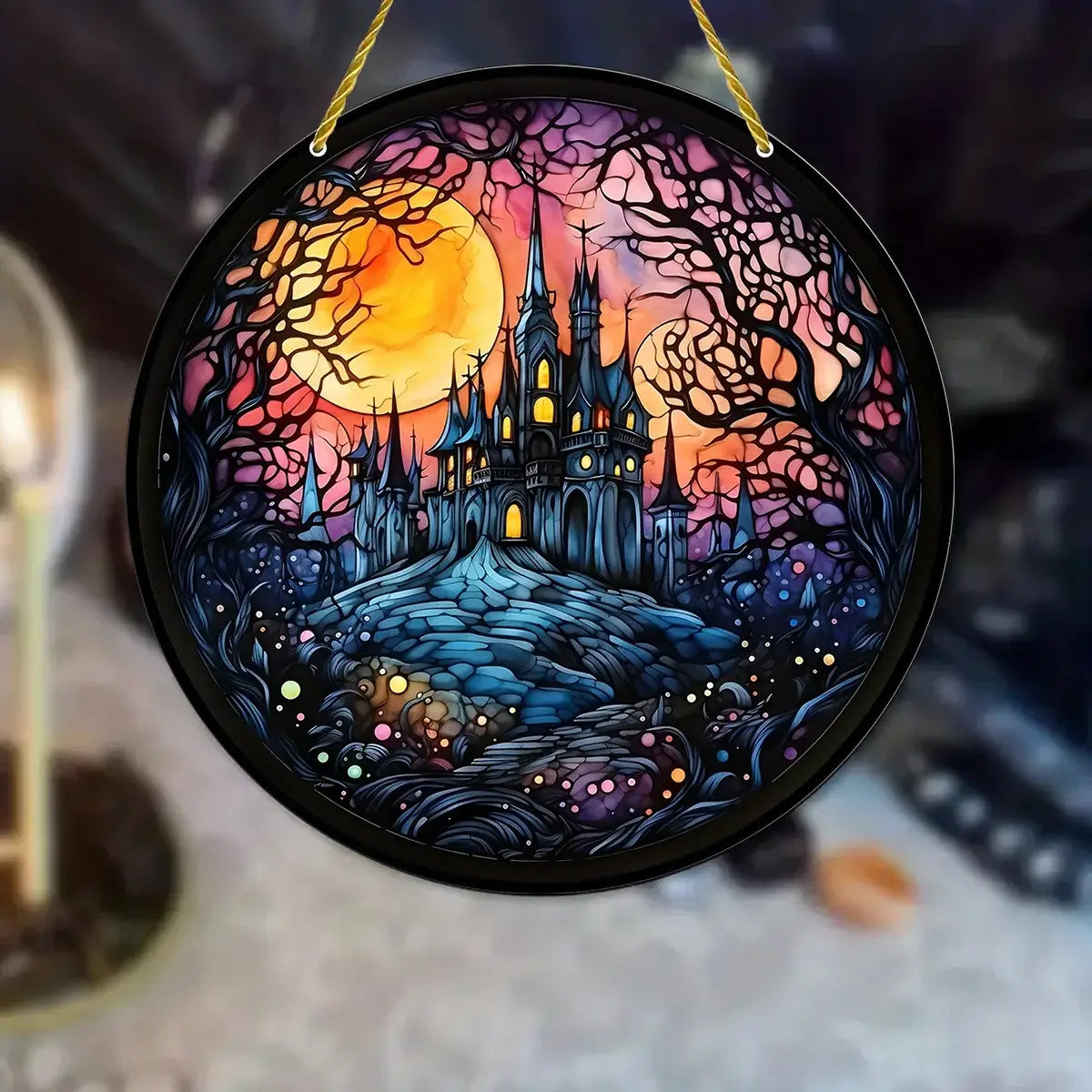 Gothic-style haunted castle Halloween window decoration with glowing sunset and eerie trees, perfect for Halloween home decor.