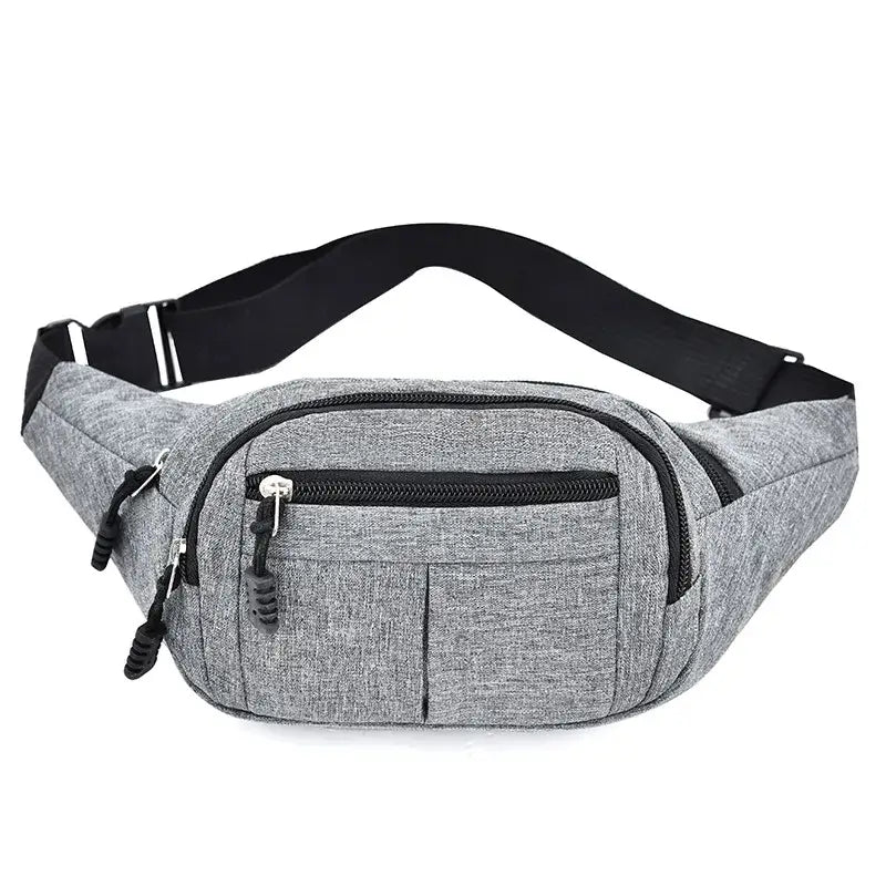 Gray fanny bag waist pack with multiple zippered compartments and adjustable strap for hands-free daily use.