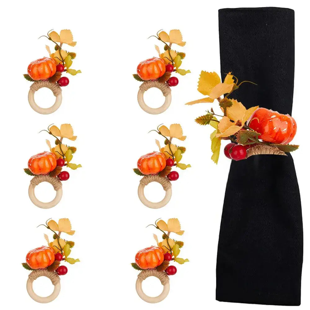 Set of 6 Halloween Pumpkin Napkin Rings with faux pumpkins, berries, and yellow leaves on wooden rings, perfect for autumn table decor.