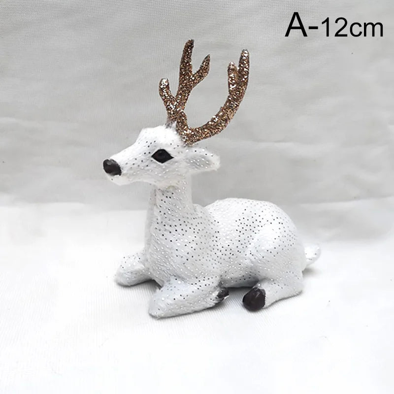 12cm white seated Deer Reindeer Figurine - Table Miniature with glitter and gold antlers, ideal for Christmas table settings.