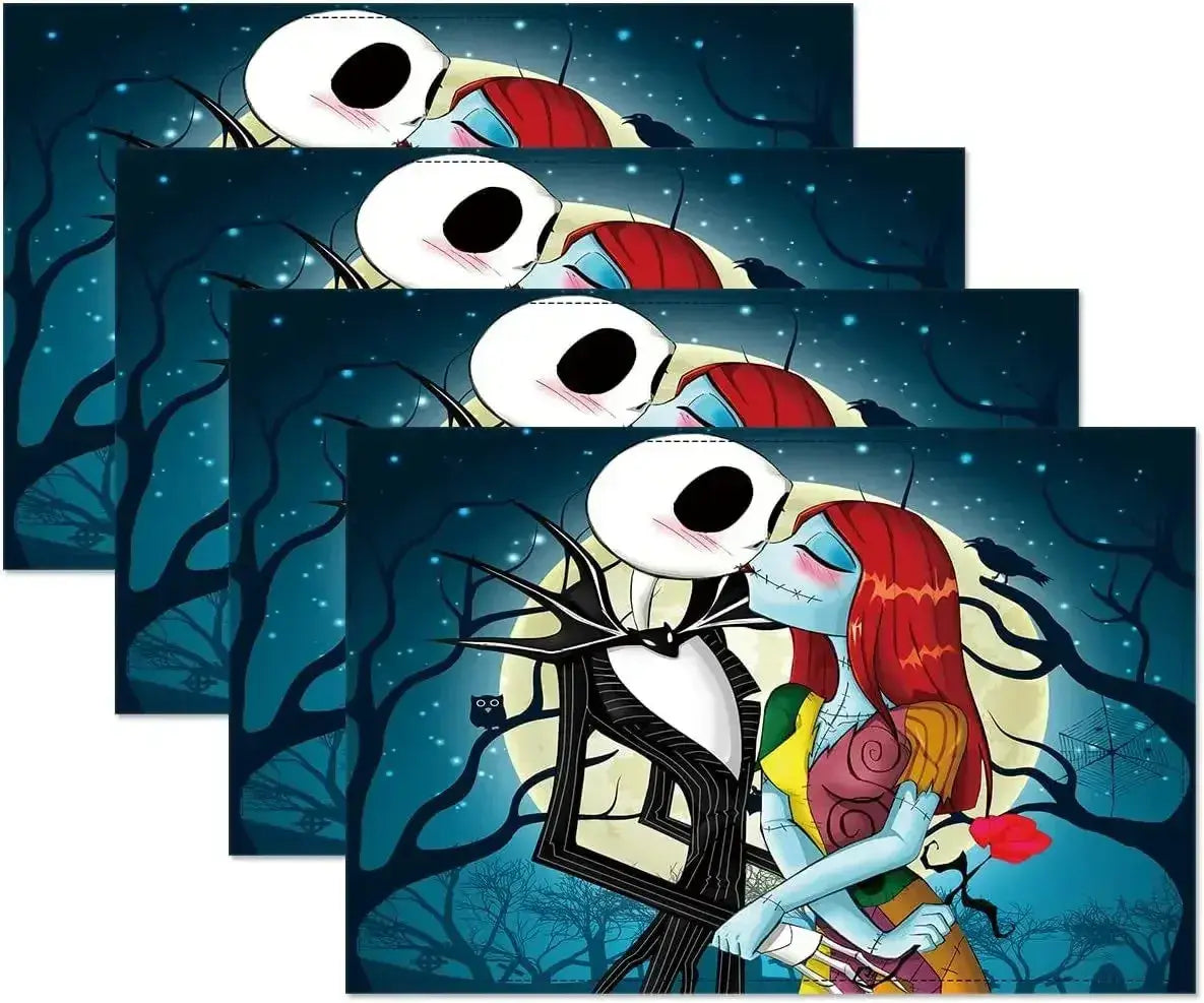 Halloween Table Placemats - Linen 4PCS featuring a romantic skeleton couple in a moonlit forest. Ideal for themed Halloween dinners.