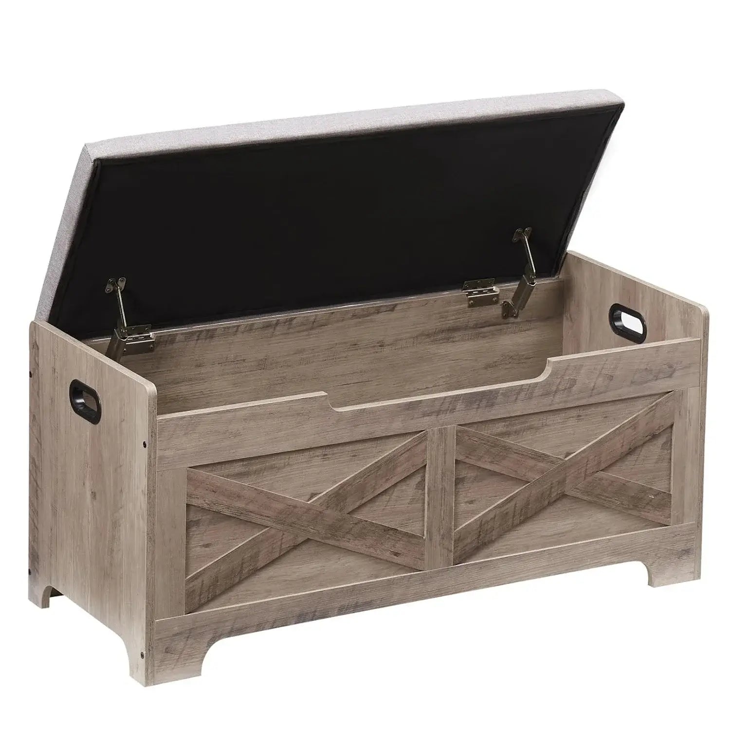 Storage bench chest with liftable top and 2 safety hinges in rustic wood finish, ideal for entryway or bedroom storage.