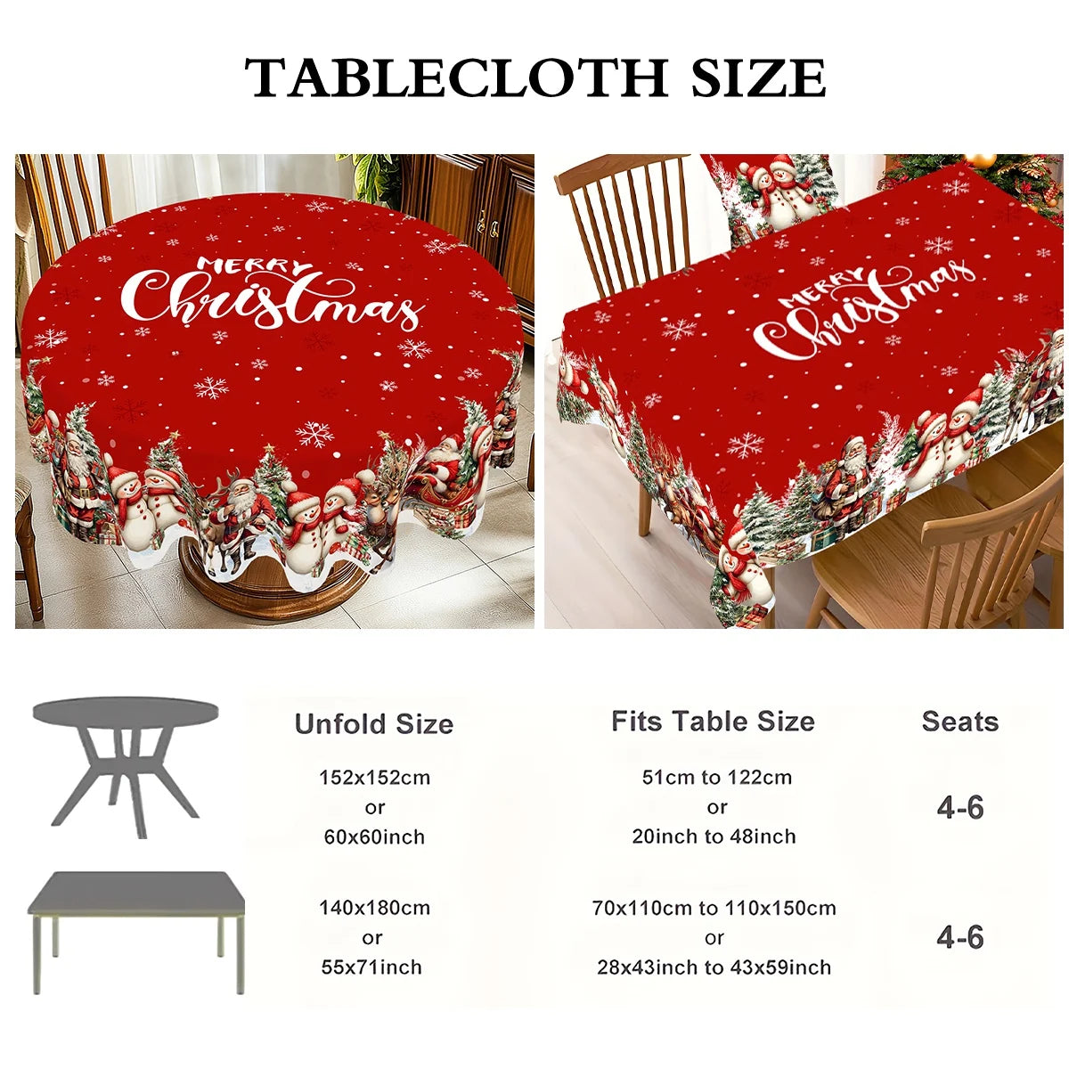 A Christmas Santa Claus tablecloth adds a festive touch to any holiday gathering, featuring cheerful designs of Santa, reindeer, and snowy scenes. 