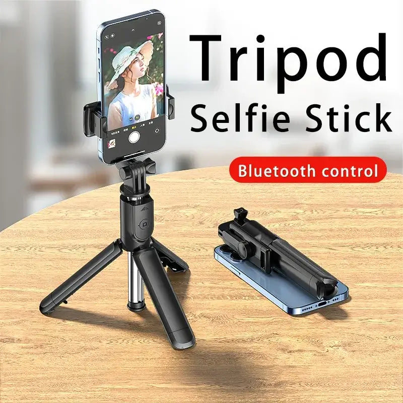 Bluetooth Selfie Stick Tripod with phone mounted, showing compact tripod base and Bluetooth control for hands-free photography.