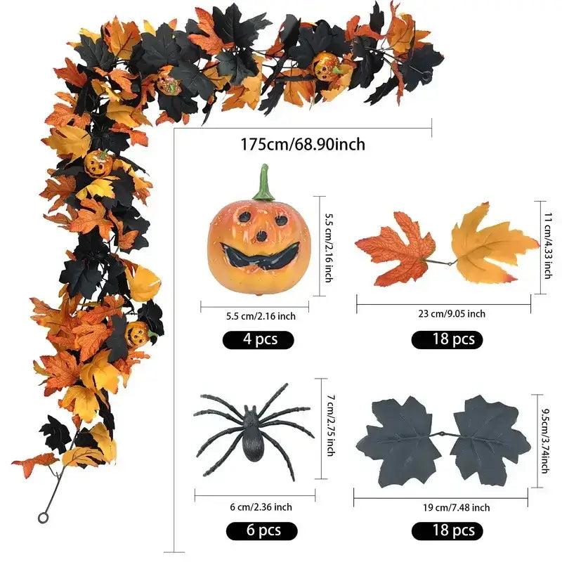 Halloween Garland with orange and black maple leaves, pumpkins, and spiders. Includes size and quantity details for easy festive decorating.
