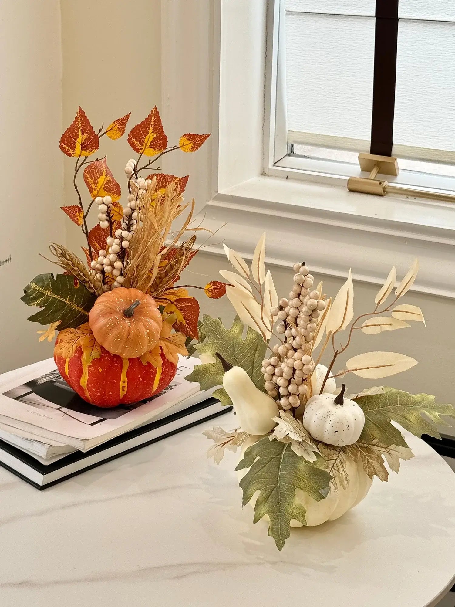 Set of 1pc Halloween Pumpkin Decor - Realistic polyester pumpkins in orange and white with fall leaves and berries, ideal for autumn tabletop accents.