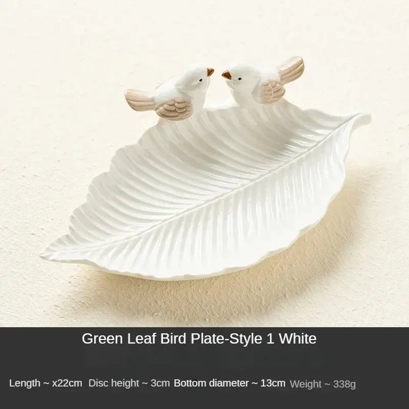 White ceramic leaf jewelry tray with bird figurines, Style 1 White, designed for stylish and practical jewelry organization.